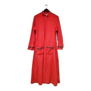 Lanz of Salzburg Red Plush Robe Medium Zips Pockets Floral Detail Cottage Night